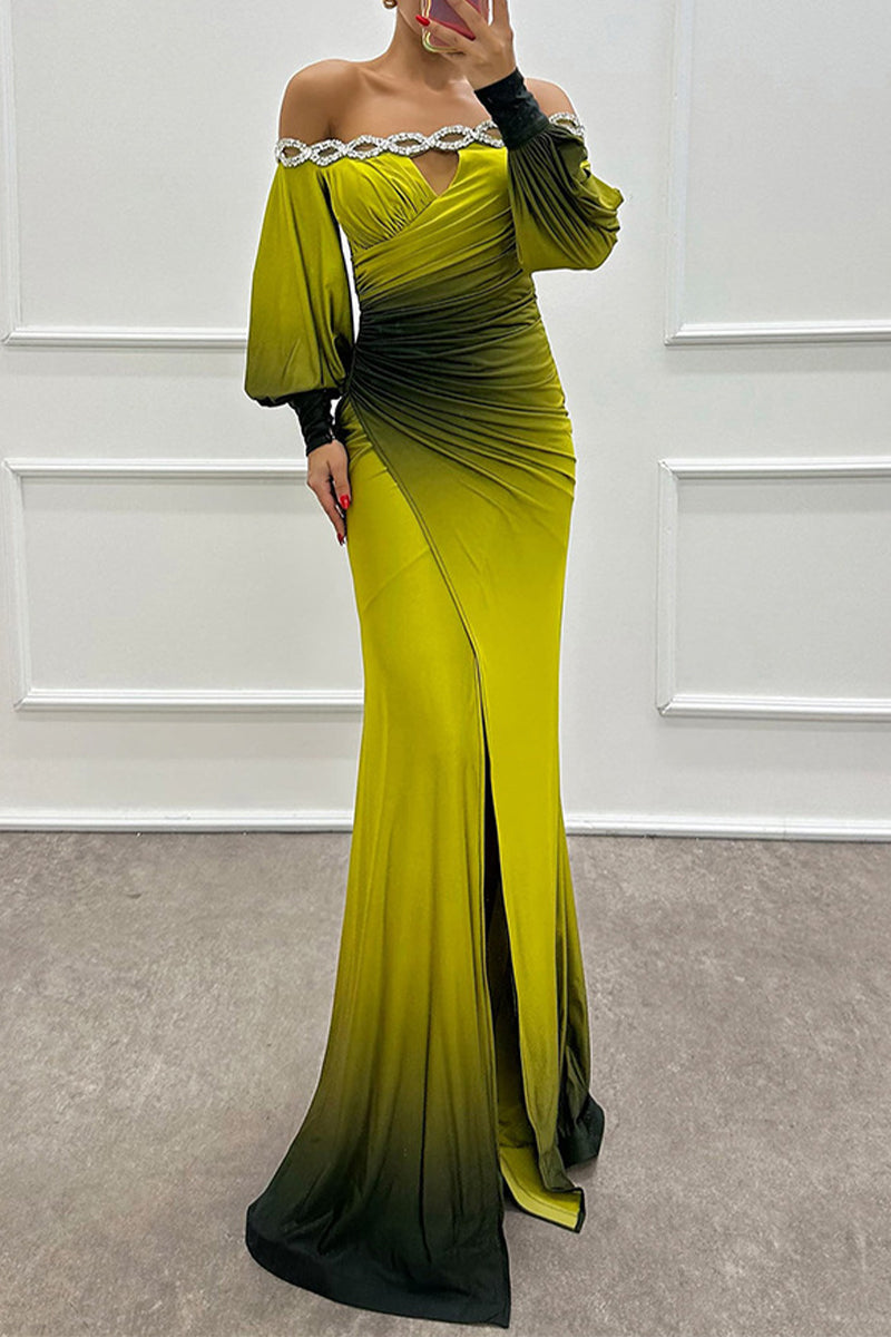 Prom Gradient Print Slit Ruched Contrast Off Shoulder Long Dresses(7 Colors)
