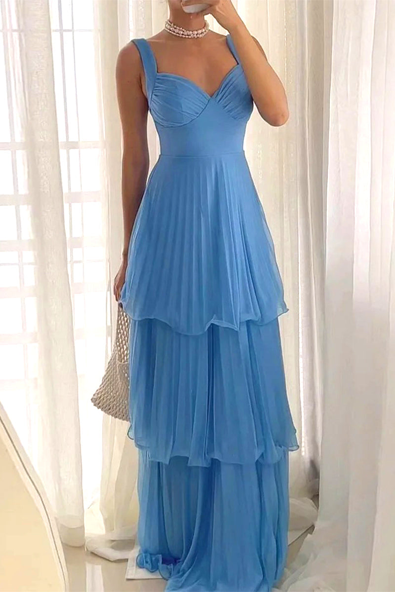 Color Pleated V Neck Long Dresses