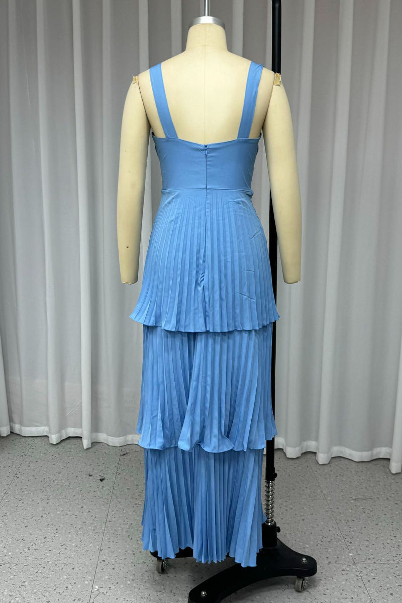Color Pleated V Neck Long Dresses