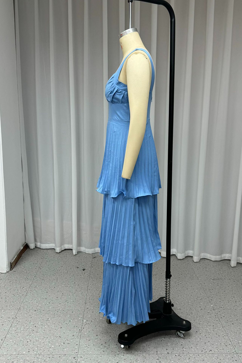 Color Pleated V Neck Long Dresses