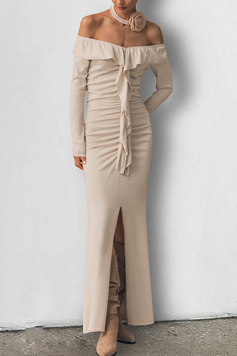 Ruffle Slit Off Shoulder One Step Skirt Dresses