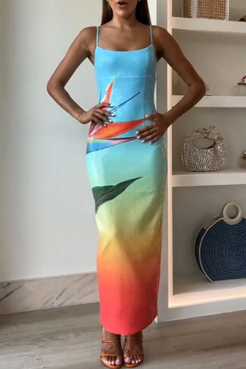 Vacation Flowers Sequins U Neck One Step Skirt Dresses