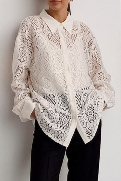 Hollow Out See-through Turndown Collar Blouses