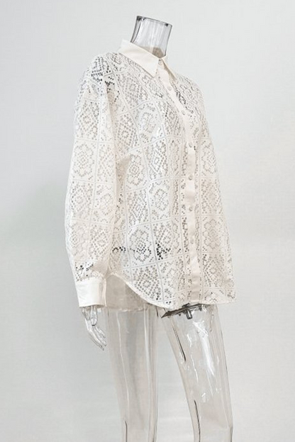 Hollow Out See-through Turndown Collar Blouses