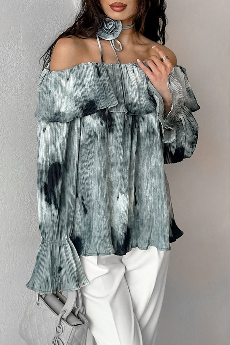 Tie Dye Ruffle Flowers Contrast Off Shoulder Blouses