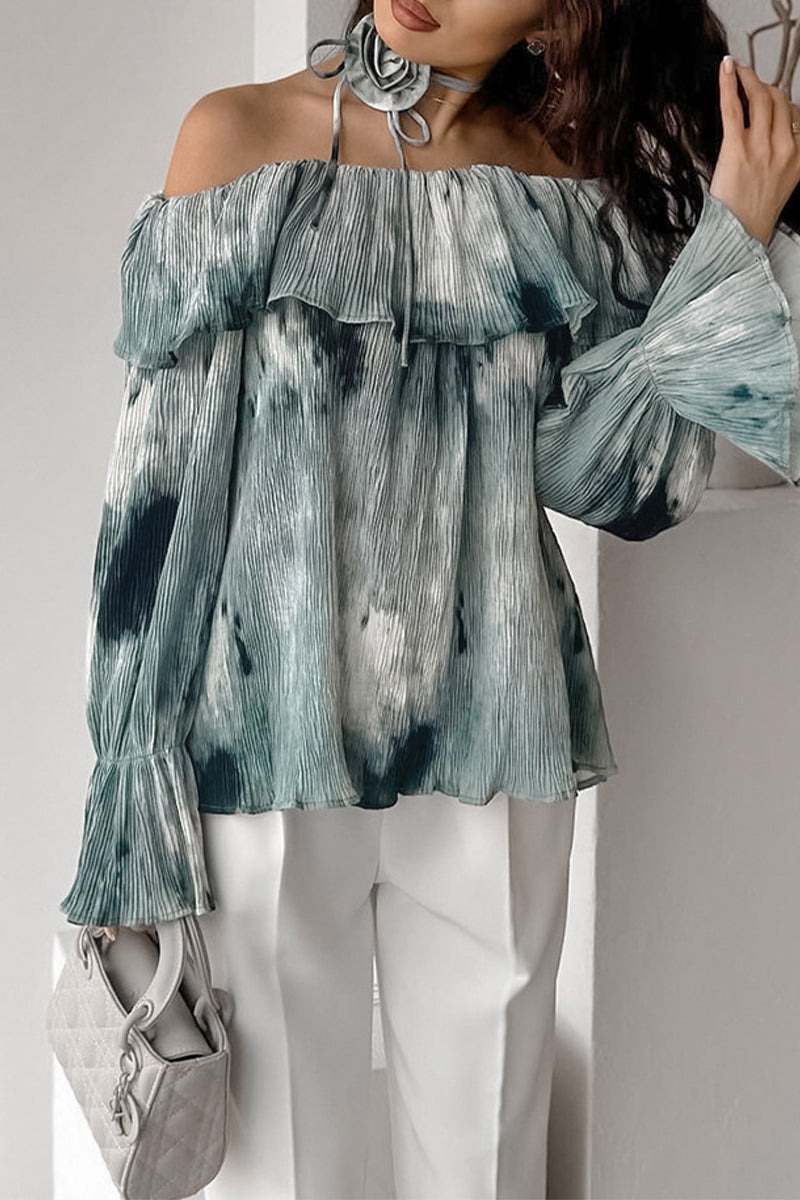 Tie Dye Ruffle Flowers Contrast Off Shoulder Blouses
