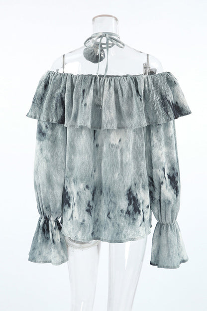 Tie Dye Ruffle Flowers Contrast Off Shoulder Blouses
