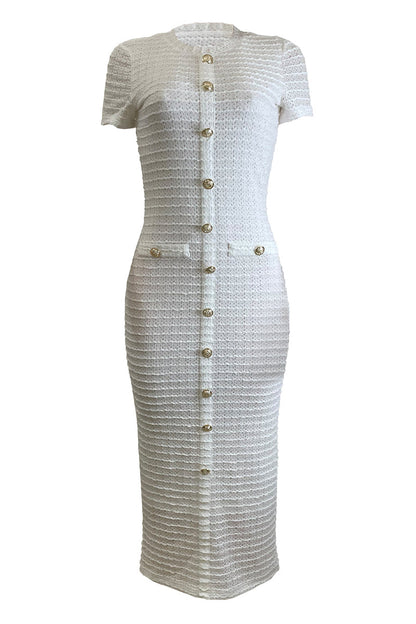Buttons Patchwork O Neck Long Dresses