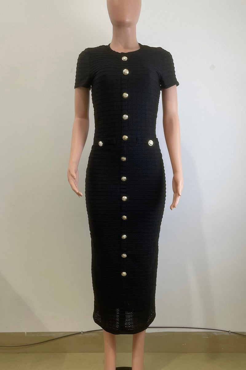 Buttons Patchwork O Neck Long Dresses