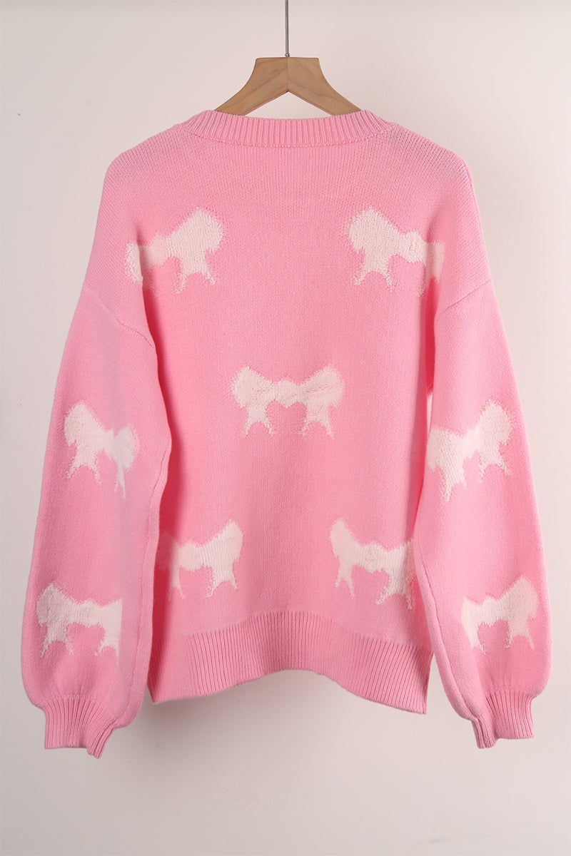 Street Bow Weave Contrast O Neck Sweaters(4 Colors)