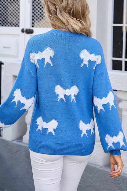 Street Bow Weave Contrast O Neck Sweaters(4 Colors)
