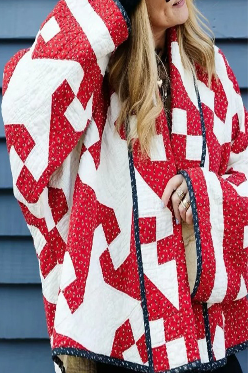 Daily Geometric Print Contrast Cardigan Collar Outerwear