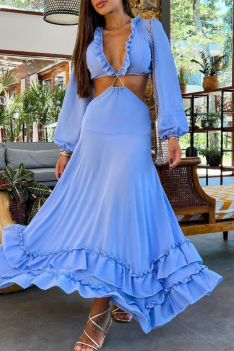 Vacation Hollow Out Deep V Neck Long Dresses