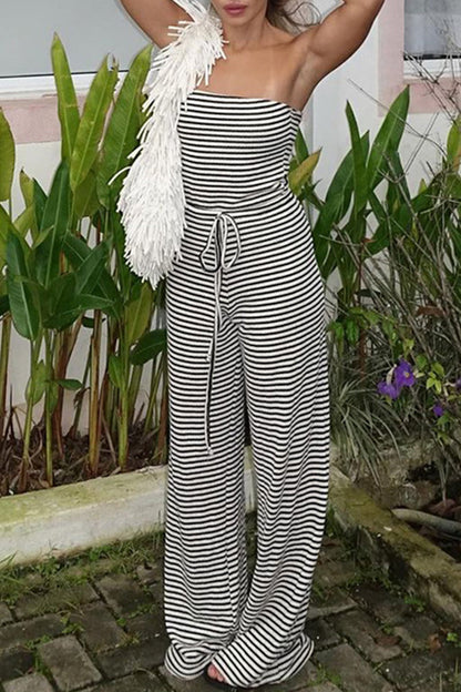 Stripe Patchwork Backless Strap Design Strapless Loose Jumpsuits