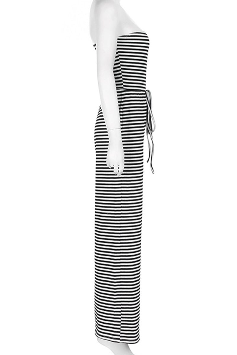 Stripe Patchwork Backless Strap Design Strapless Loose Jumpsuits
