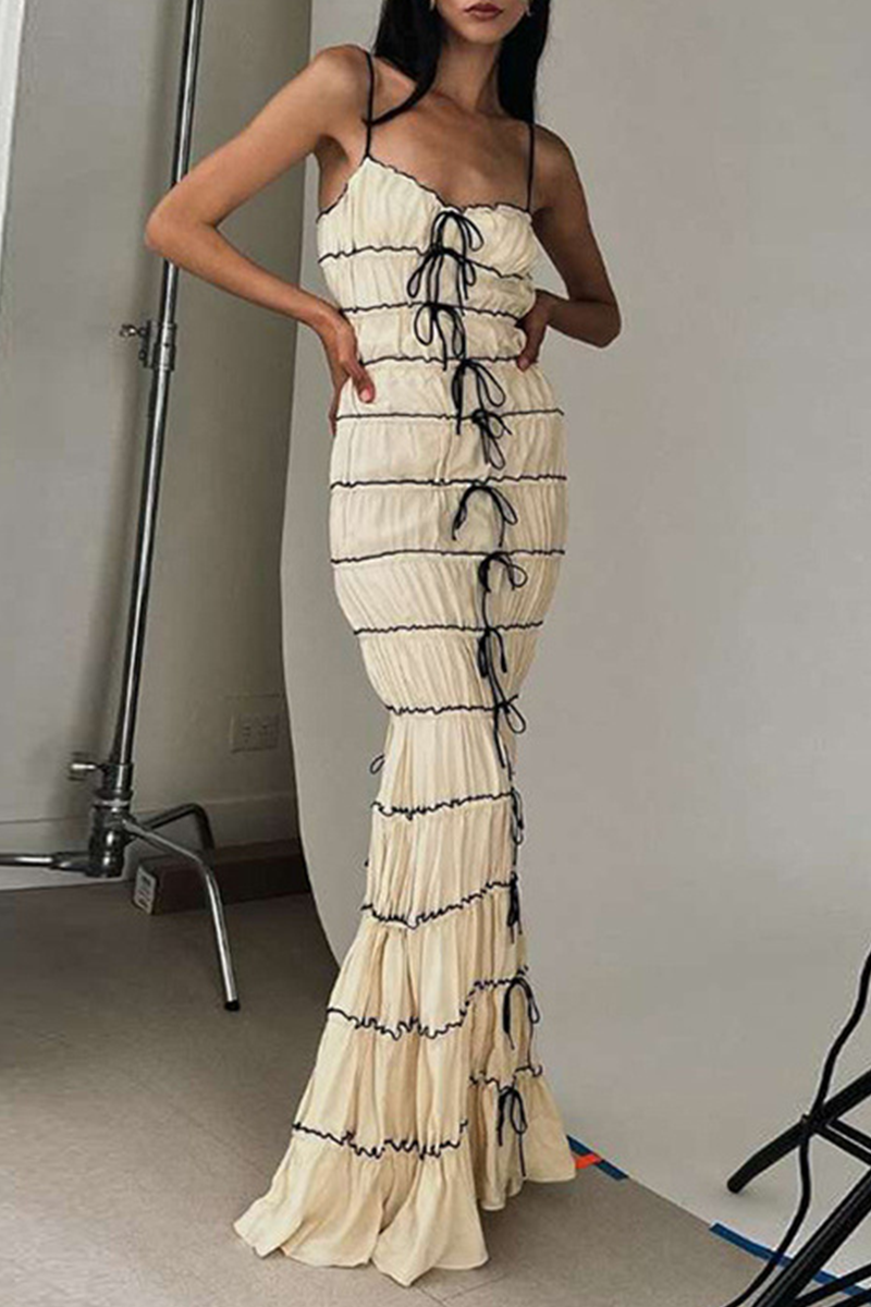 Lace Up Contrast V Neck Long Dresses