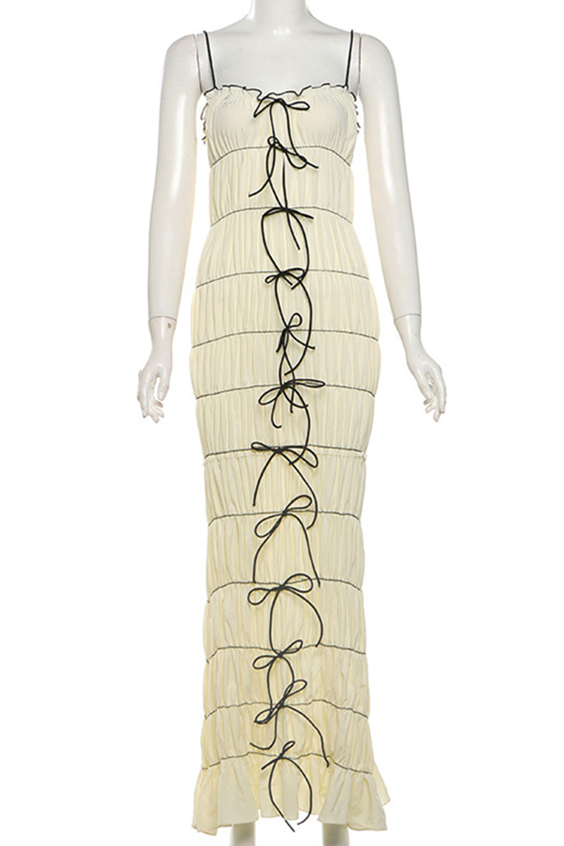 Lace Up Contrast V Neck Long Dresses
