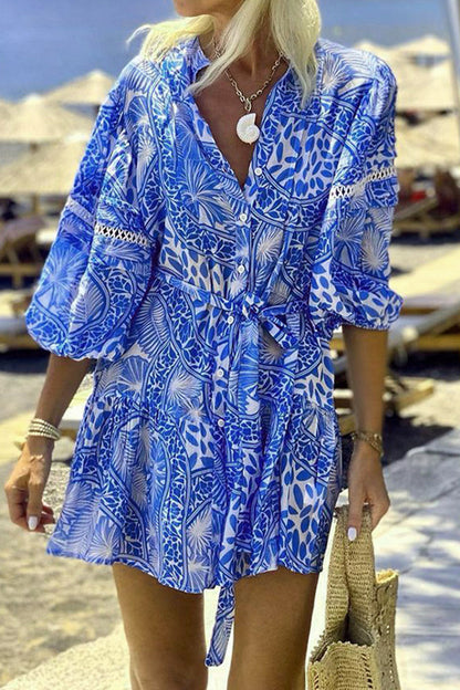 Vacation Print Lace Up Mandarin Collar Waist Skirt Dresses