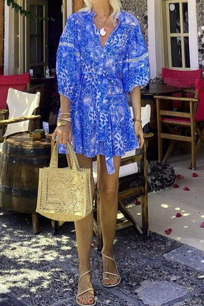 Vacation Print Lace Up Mandarin Collar Waist Skirt Dresses