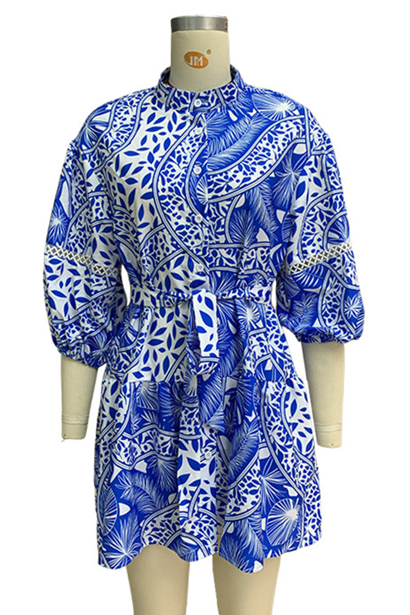 Vacation Print Lace Up Mandarin Collar Waist Skirt Dresses
