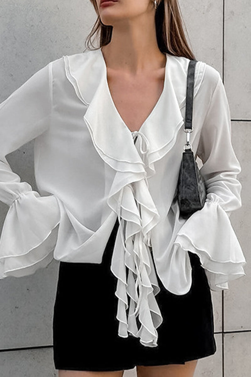 Color Ruffle V Neck Blouses