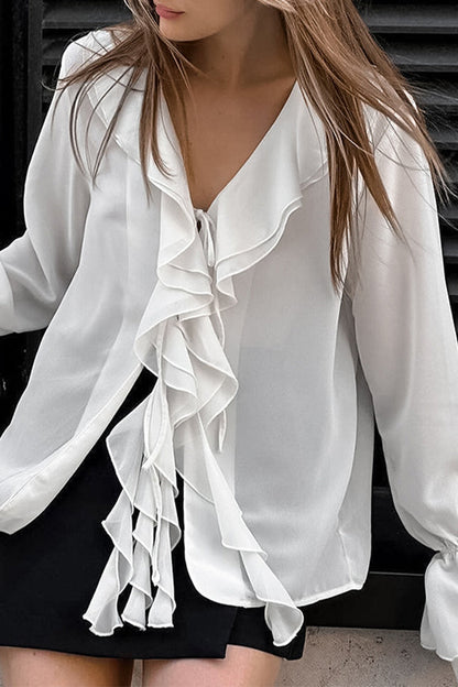 Color Ruffle V Neck Blouses
