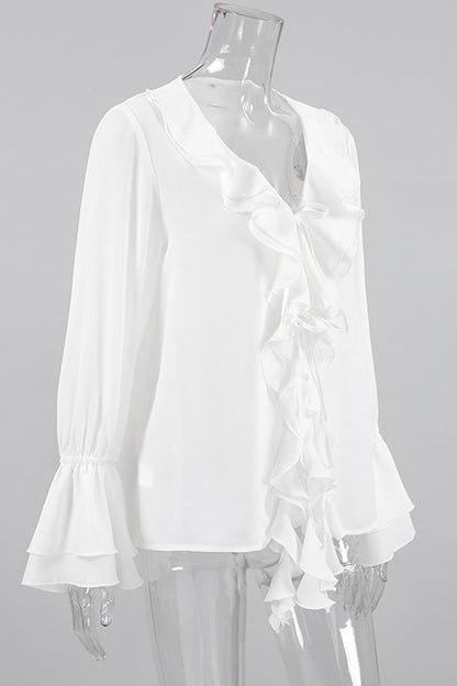 Color Ruffle V Neck Blouses