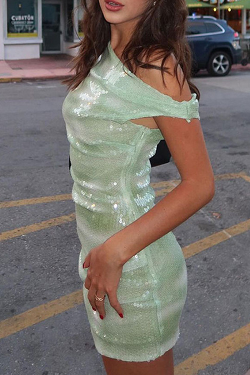 Party Gradient Sequins Contrast Sloping Shoulder Wrapped Skirt Dresses