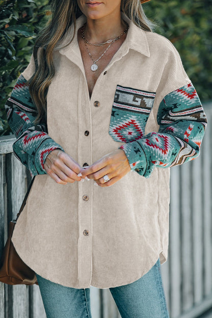 Geometric Print Pocket Patchwork Contrast Turndown Collar Blouses