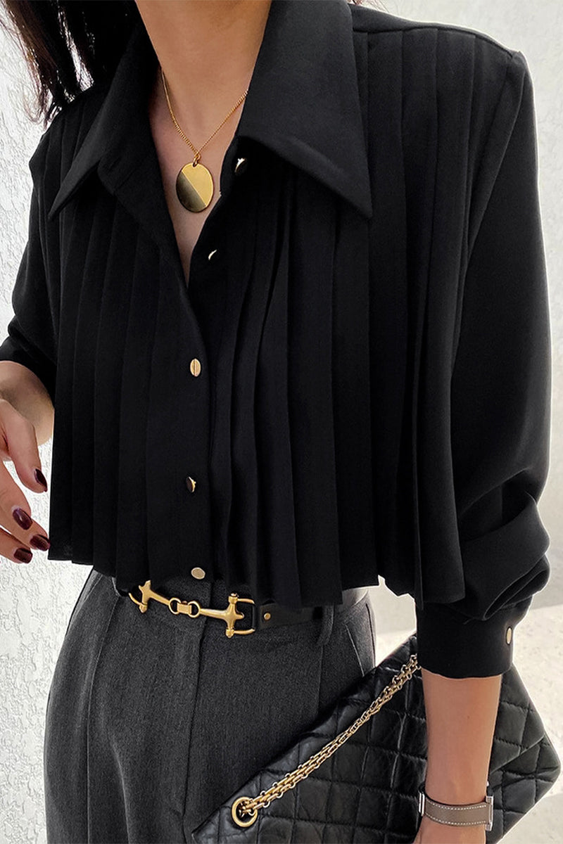 Buttons Pleated Turndown Collar Blouses