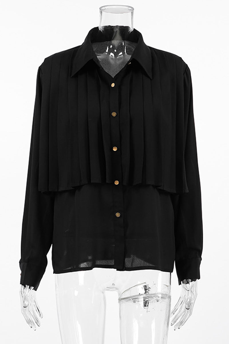 Buttons Pleated Turndown Collar Blouses