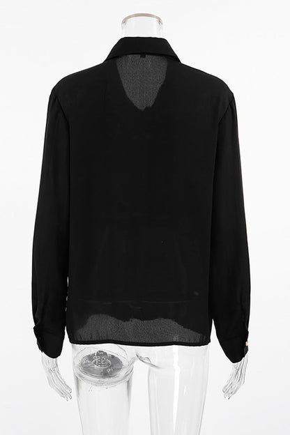 Buttons Pleated Turndown Collar Blouses
