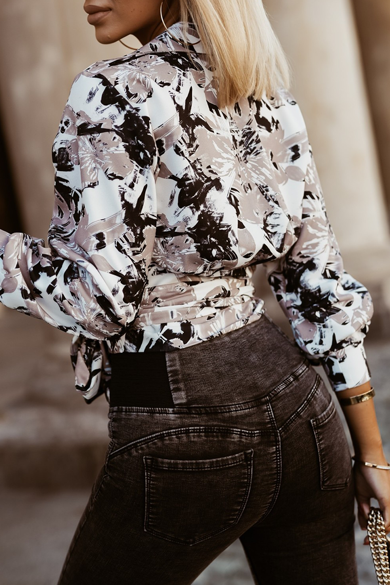 Geometric Print Lace Up Turndown Collar Blouses