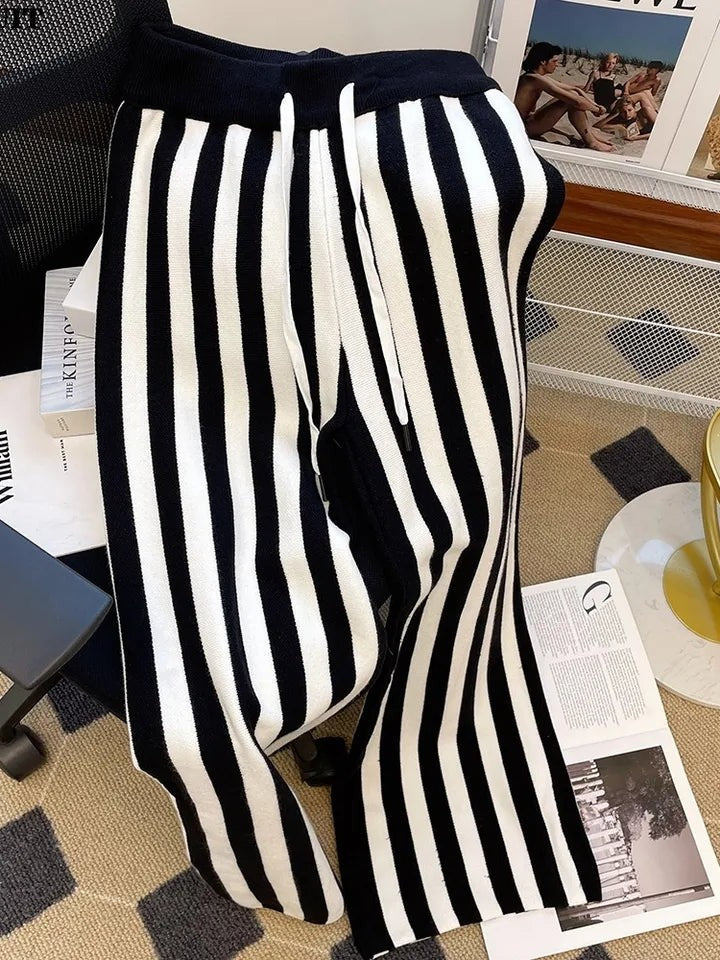 Striped Woolen Wide Elastic Waist Leg Pants - Winter