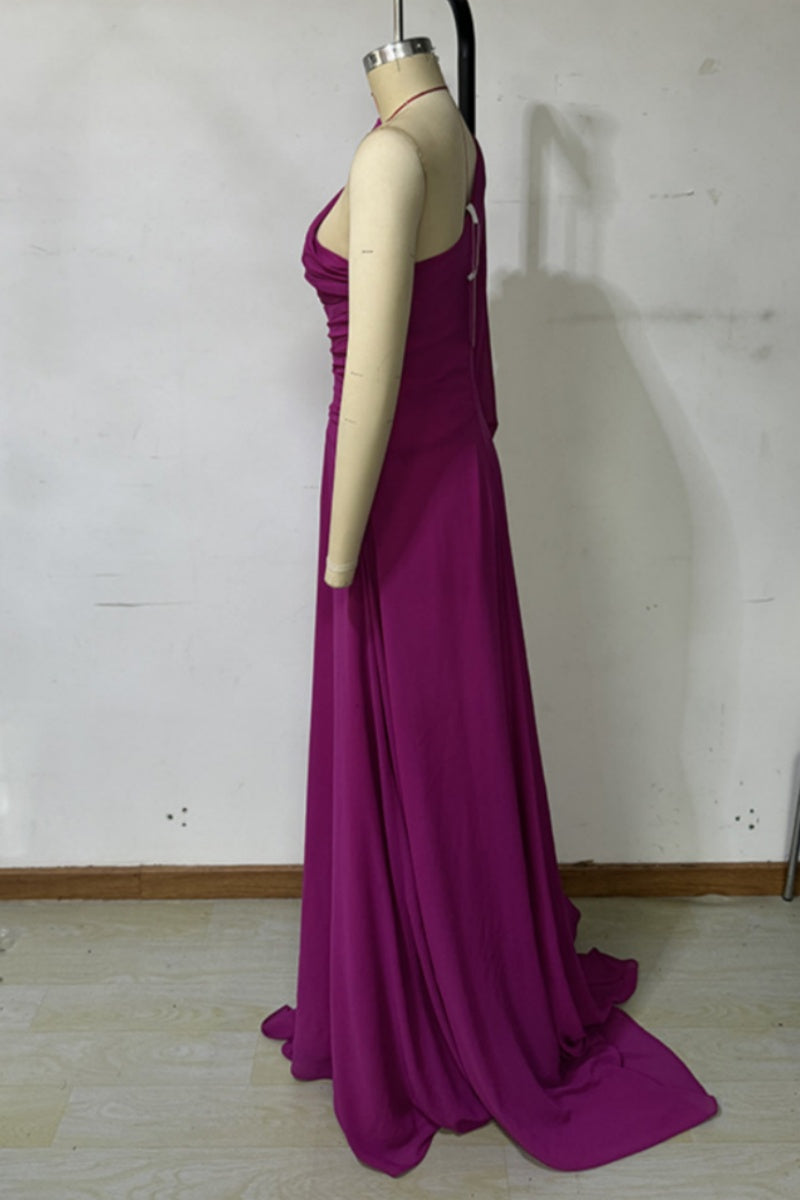 Formal Flowers Hollow Out Backless Slit Oblique Collar Long Dresses