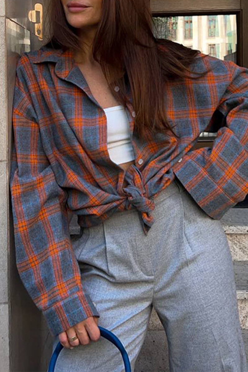 Street Plaid Pocket Buttons Contrast Turndown Collar Blouses(3 Colors)