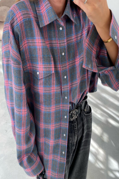 Street Plaid Pocket Buttons Contrast Turndown Collar Blouses(3 Colors)