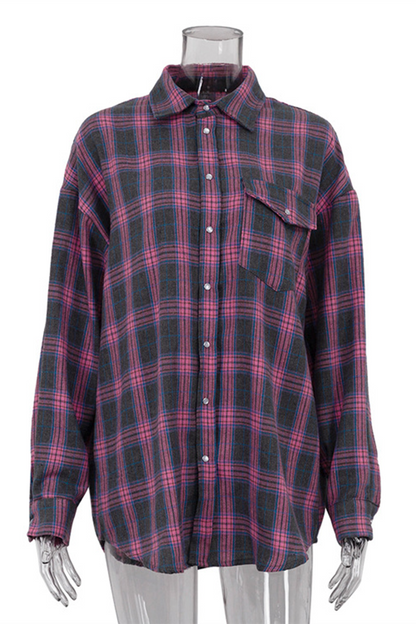 Street Plaid Pocket Buttons Contrast Turndown Collar Blouses(3 Colors)