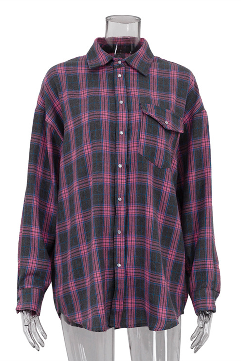 Street Plaid Pocket Buttons Contrast Turndown Collar Blouses(3 Colors)