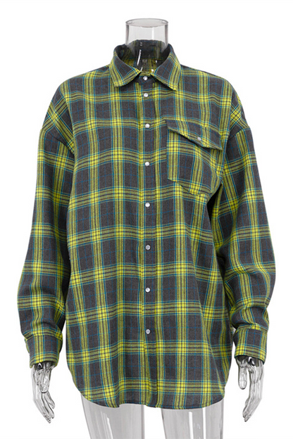 Street Plaid Pocket Buttons Contrast Turndown Collar Blouses(3 Colors)
