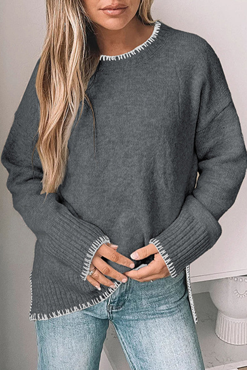Daily Color Patchwork Contrast O Neck Sweaters(3 Colors)