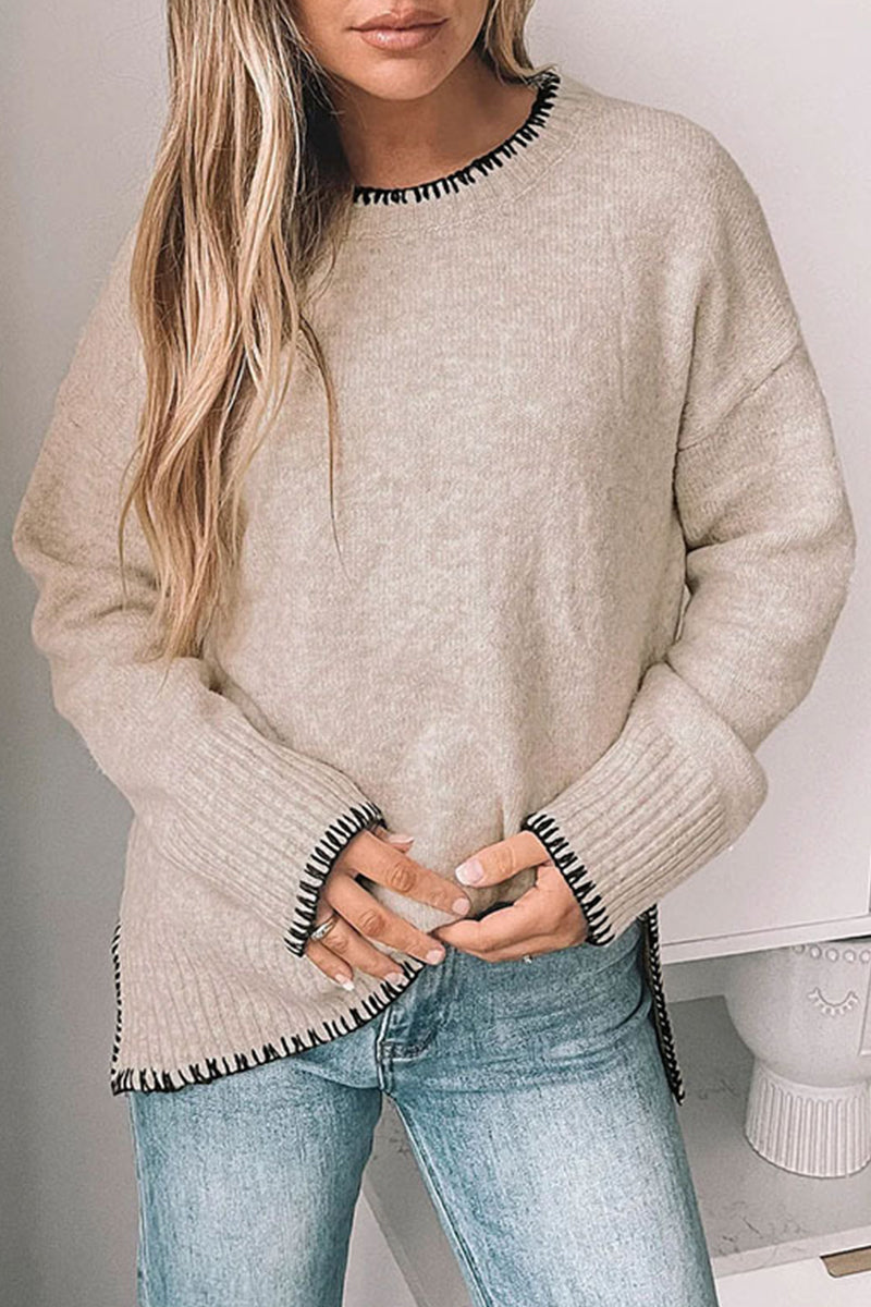 Daily Color Patchwork Contrast O Neck Sweaters(3 Colors)