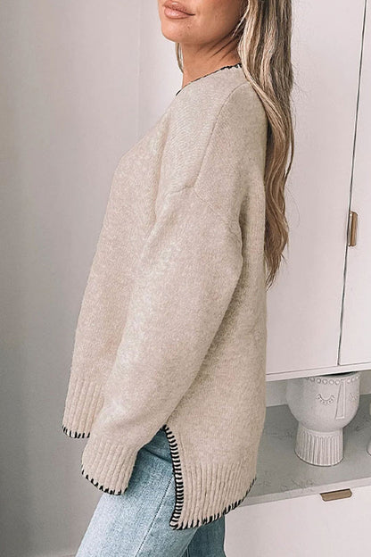Daily Color Patchwork Contrast O Neck Sweaters(3 Colors)