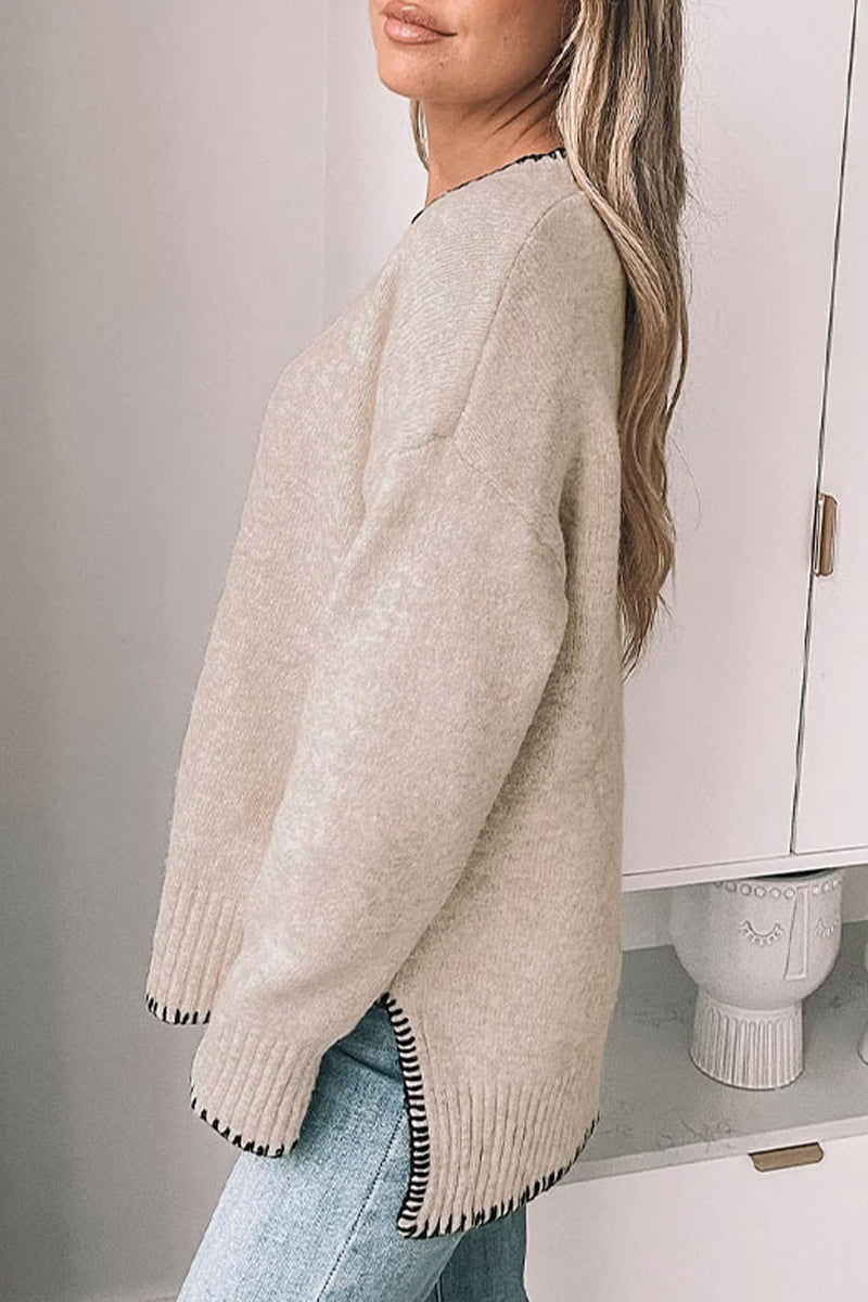 Daily Color Patchwork Contrast O Neck Sweaters(3 Colors)