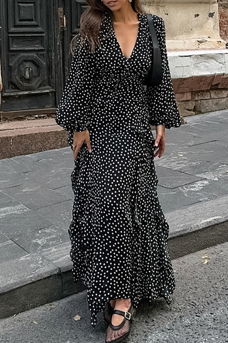 Street Polka Dot Patchwork Ruffle V Neck One Step Skirt Dresses
