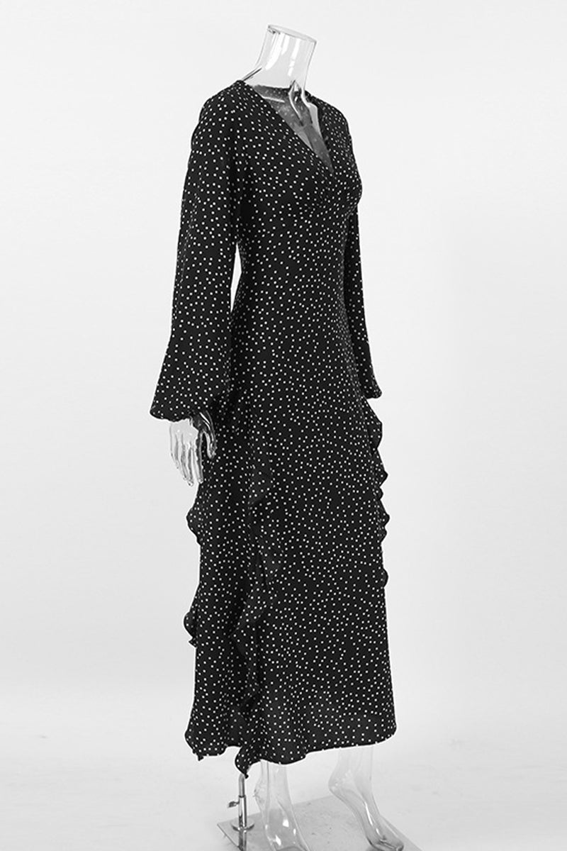 Street Polka Dot Patchwork Ruffle V Neck One Step Skirt Dresses