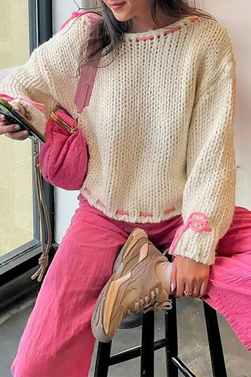 Draw String Weave O Neck Sweaters