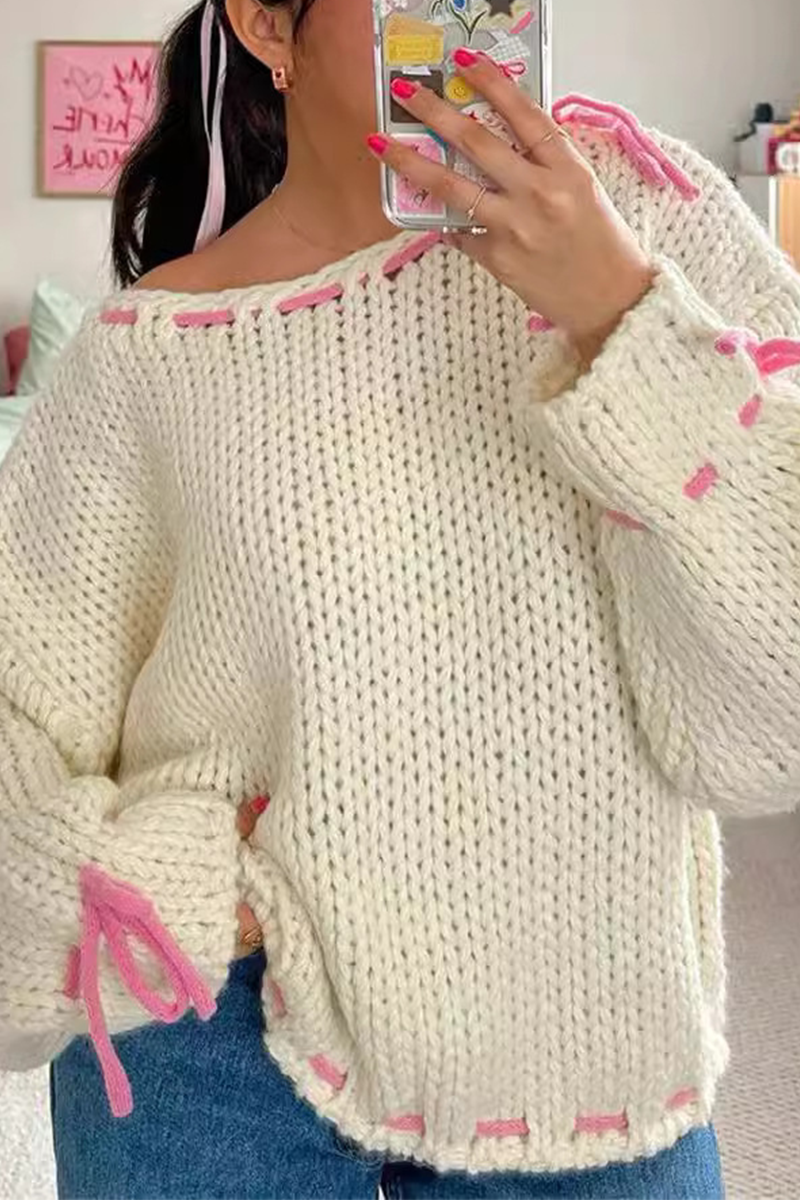 Draw String Weave O Neck Sweaters