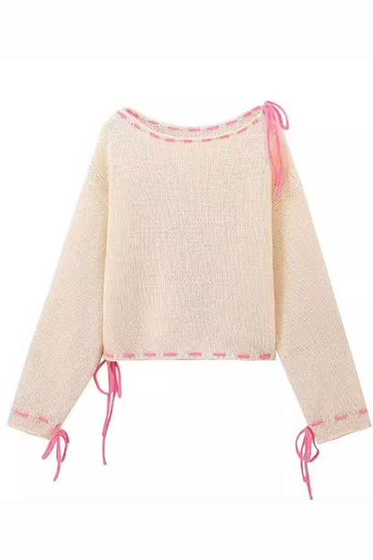 Draw String Weave O Neck Sweaters
