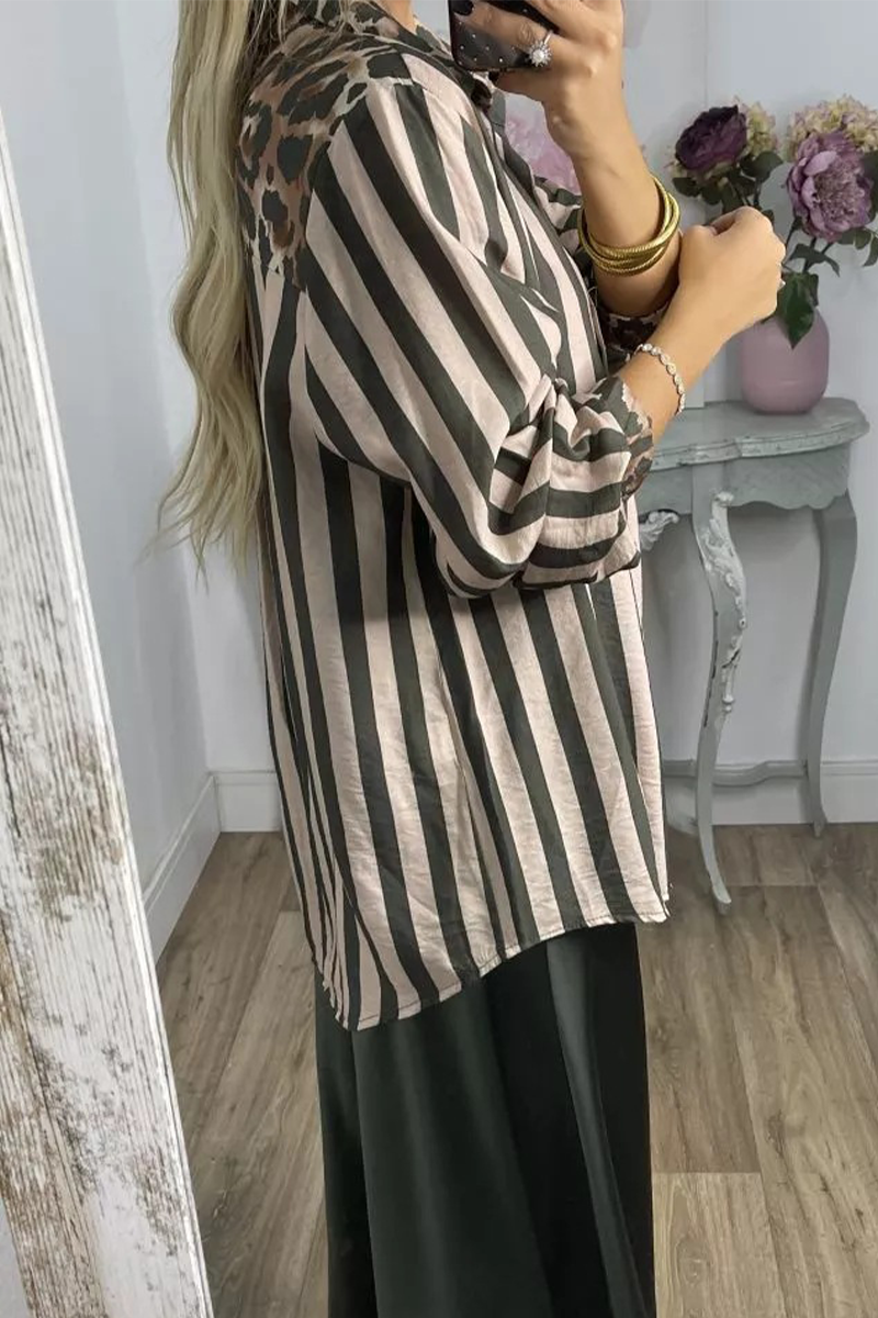 Stripe Leopard Patchwork Contrast Shirt Collar Blouses